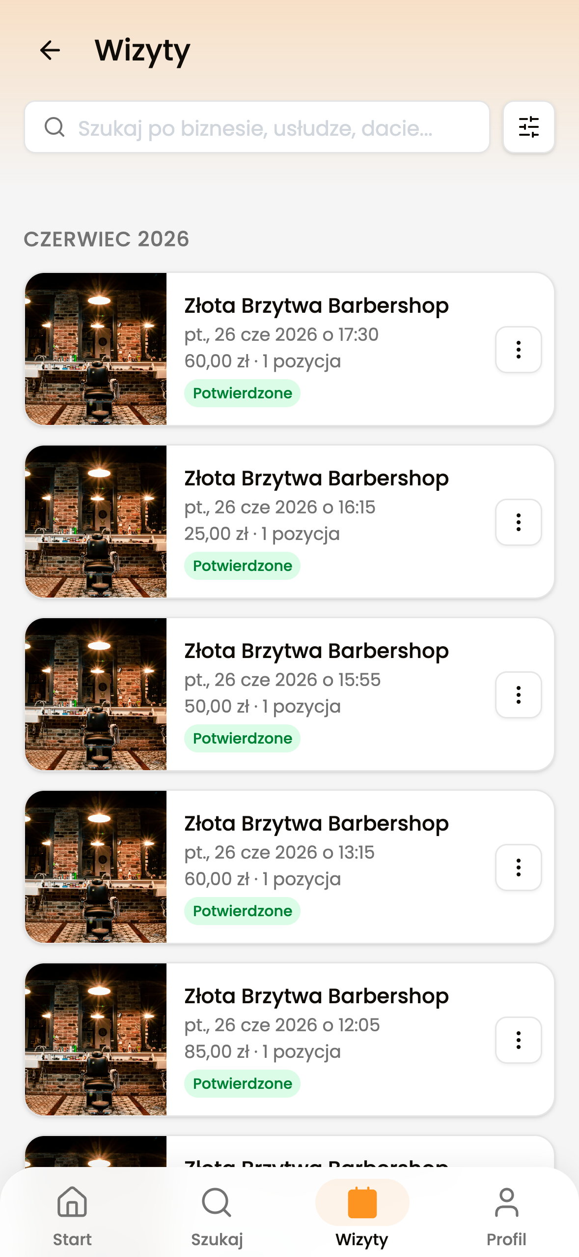 Aplikacja Vizyto - lista wizyt klienta z terminami i statusami