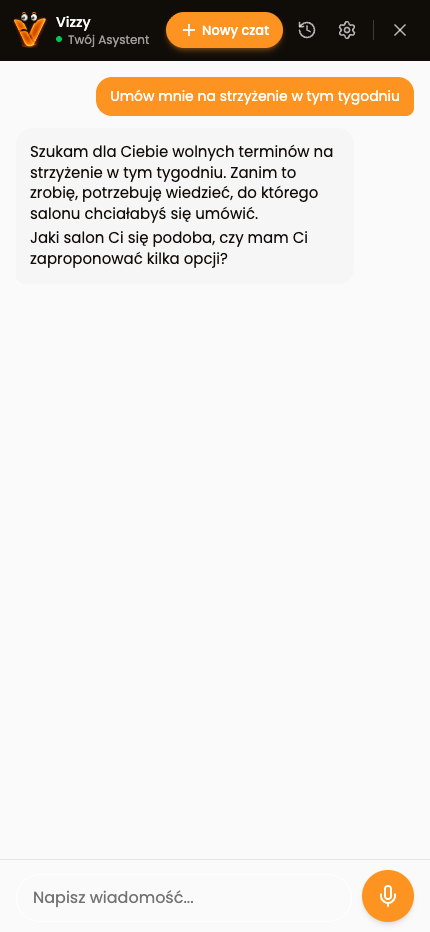 Rozmowa z asystentem Vizzy w aplikacji Vizyto